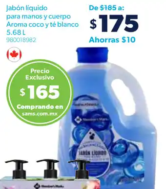 Sam's Club Jabón Líquido para Manos y Cuerpo Aroma Coco y Té Blanco 5.68L oferta
