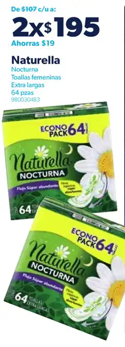 Sam's Club Naturella Nocturna Toallas Femeninas Extra Largas 2x64 pzas oferta