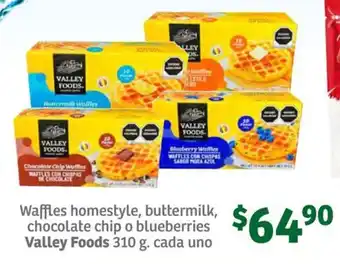 Soriana Súper Waffles homestyle, buttermilk, chocolate chip o blueberries Valley Foods 310 g. cada uno oferta
