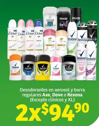 Soriana Súper Desodorantes en aerosol y barra regulares Axe, Dove o Rexona (Excepto clínicos y XL) x 2 oferta