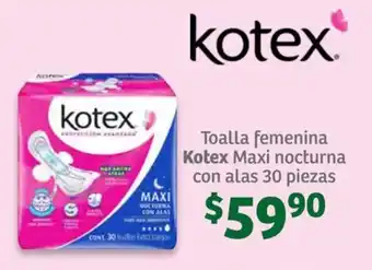 Toalla femenina Kotex Maxi nocturna con alas 30 piezas