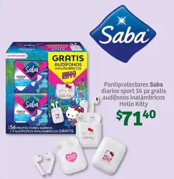 Pantiprotectores Saba diarios sport 56 pz gratis audífonos inalámbricos Hello Kitty