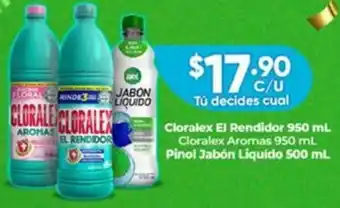 Farmacias Guadalajara Cloralex El Rendidor 950ml/ Cloralex Aromas 950ml/Pinol Jabón Liquído 500ml oferta