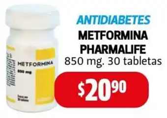 Farmacias Guadalajara ANTIDIABETES METFORMINA PHARMALIFE 850mg 30 tabletas oferta