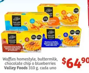 Soriana Híper Waffles homestyle, buttermilk, chocolate chip o blueberries Valley Foods 310g oferta