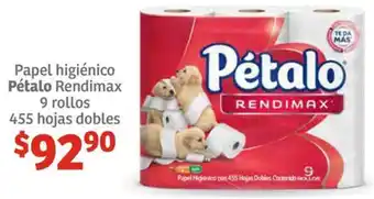 Soriana Híper Papel higiénico Pétalo Rendimax 9 rollos 455 hojas dobles oferta