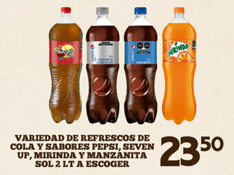 Alsuper Variedad de Refrescos de Cola y Sabores Pepsi, Seven Up, Mirinda y manzanita Sol 2lt oferta