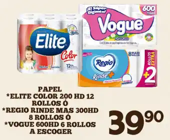 Papel Elite Color 200HD 12 Rollos, Regio Rinde Mas 300HD 8 Rollos, Vogue 600HD 6 Rollos