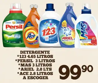Alsuper Detergente 123 4.65lt, Persil 3lt, Mas 3lt, Ariel 2.8lt, Ace 2.8lt oferta