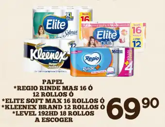 Alsuper Papel Regio Rinde Mas 16/12 Rollos, Elite Soft Max 16 Rollos, Kleenex Brand 12 Rollos, Level 192HD 18 Rollos oferta