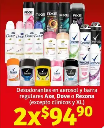 Soriana Híper Desodorantes en aerosol y barra regulares Axe, Dove o Rexona oferta