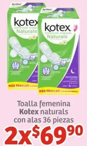 Toalla femenina Kotex naturals con alas 36 piezas 2x