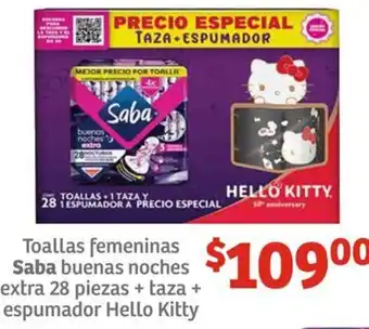 Soriana Híper Toallas femeninas Saba buenas noches extra 28 piezas + taza + espumador Hello Kitty oferta