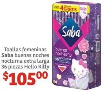 Soriana Híper Toallas femeninas Saba buenas noches nocturna extra larga 36 piezas Hello Kitty oferta