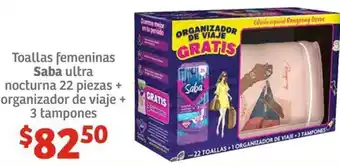 Soriana Híper Toallas femeninas Saba ultra nocturna 22 piezas + organizador de viaje + 3 tampones oferta