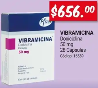 Farmacias Bazar VIBRAMICINA Doxiciclina Cápsulas 50 mg 50 mg 28 Cápsulas oferta