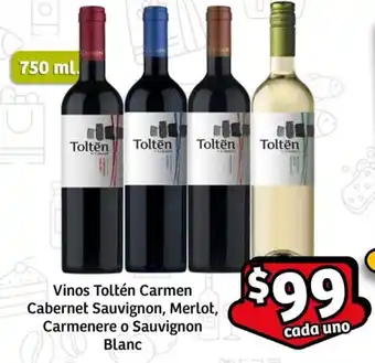 Vinos Toltén Carmen Cabernet Sauvignon, Merlot, Carmenere o Sauvignon Blanc 750 ml.