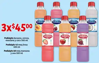 Pedialyte Durazno, Cereza, Manzana y coco 500ml, Pedialyte 45 meq Fresa 500ml, Pedialyte 60 meq Manzana y Uva 500ml