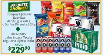 Frituras Sabritas de 160 g. a 240 g. o Doritos Dinamita 305 g. x 2 + Un 12 pack o dos 6 pack Tecate regular o light o Indio