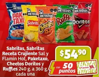 Soriana Súper Sabritas Receta Crujiente Sal y Flamin Hot, Paketaxo, Cheetos Doritos y Ruffles 240 g. a 360 g. cada una oferta