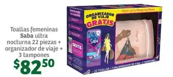Soriana Súper Toallas femeninas Saba ultra nocturna 22 piezas + organizador de viaje + 3 tampones oferta