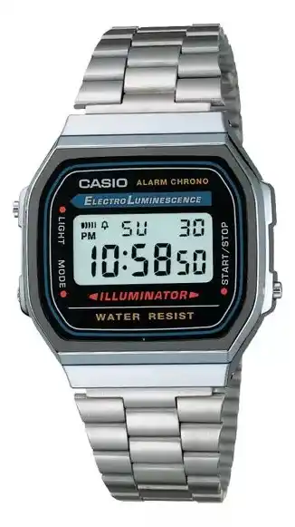 Mercado Libre Reloj de pulsera Casio Youth Vintage A-168 de cuerpo color plateado, digital, fondo gris, negro y azul, con correa de acero i oferta