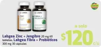 Farmacias YZA Labgea Zinc+ Jengibre 20 mg 60 tabletas, Labgea Fibra + Probióticos 300 mg 30 cápsulas oferta