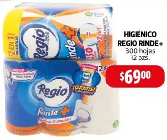 HIGIÉNICO REGIO RINDE+ 300 hojas 12 pzs.