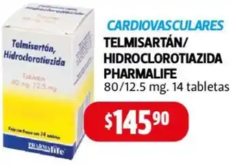 Farmacias Guadalajara CARDIOVASCULARES TELMISARTÁN/ HIDROCLOROTIAZIDA PHARMALIFE 80/12.5mg 14 tabletas oferta