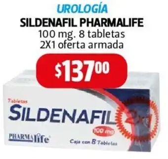 Farmacias Guadalajara UROLOGÍA SILDENAFIL PHARMALIFE 100 mg. 8 tabletas 2X1 oferta armada oferta