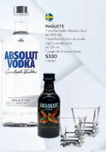 Vodka Absolut Azul de 750 ml + 1 botella mini licor de vodka nights smoky piña de 50 ml + 1 juego de 2 vasos tower
