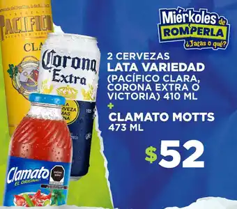 Kiosko 2 CERVEZAS LATA VARIEDAD (PACÍFICO CLARA, CORONA EXTRA O VICTORIA) 410 ML + CLAMATO MOTTS 473 ML oferta