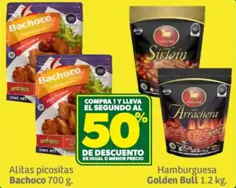 Alitas picositas Bachoco 700 g. / Hamburguesa Golden Bull 1.2 kg.