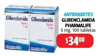 Farmacias Guadalajara ANTIDIABETES GLIBENCLAMIDA PHARMALIFE 5 mg. 100 tabletas oferta