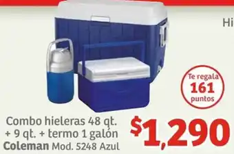 Soriana Híper Combo hieleras 48 qt. + 9 qt. + termo 1 galón Coleman Mod. 5248 Azul oferta