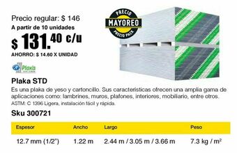 Panel yeso estandar 1/2" plaka