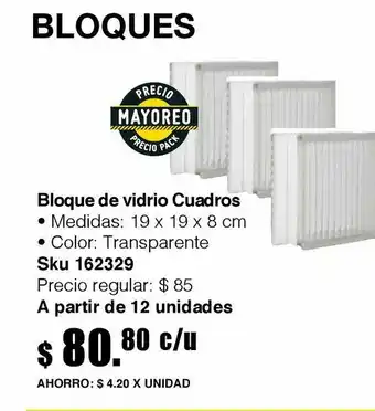 Bloque vidrio cuadros 19 cm x 19 cm x 8 cm
