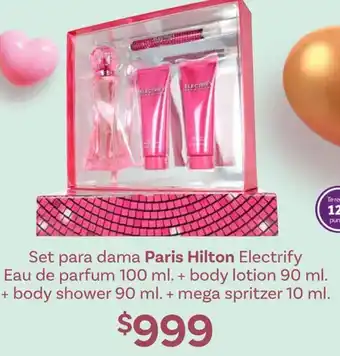 Soriana Híper Set para dama Paris Hilton Electrify Eau de parfum 100 ml. + body lotion 90 ml. + body shower 90ml + mega spritzer 10ml oferta