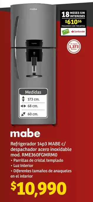 Soriana Mercado Refrigerador 14p3 MABE c/ despachador acero inoxidable oferta