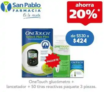 Farmacia San Pablo One Touch glucómetro + lancetador +50 tiras reactivas paquete 3 piezas oferta