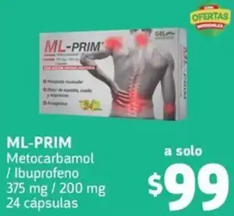 Farmacias YZA ML-PRIM Metocarbamol / Ibuprofeno 375 mg / 200 mg 24 cápsulas oferta