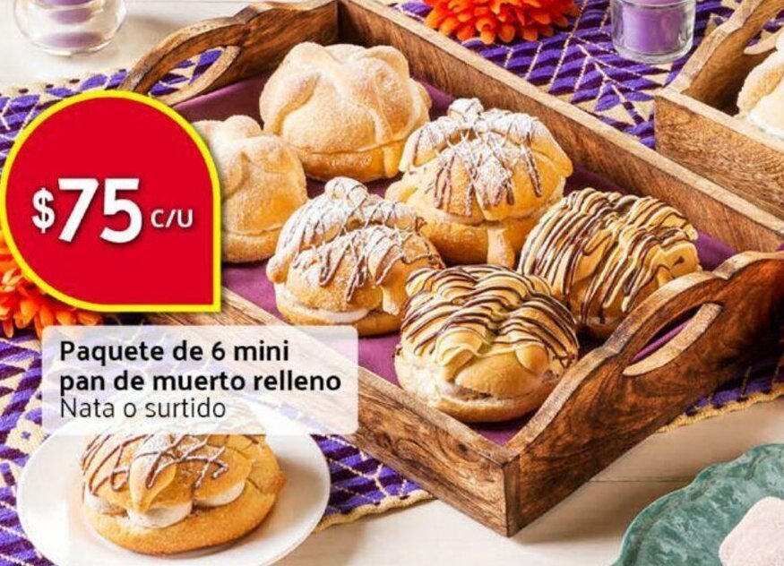 Paquete de 6 Mini Pan de Muerto Relleno Nata o Surtido oferta en Superama