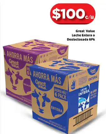 Bodega Aurrerá Great Value Leche Entera o Deslactosada 6pk oferta