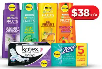 Bodega Aurrerá Garnier Fructis 650ml/Kotex Unika 20 pzas/Zest 5 pack oferta