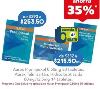 Farmacia San Pablo Aurax Pramipexol 0.50mg 30 tabletas oferta