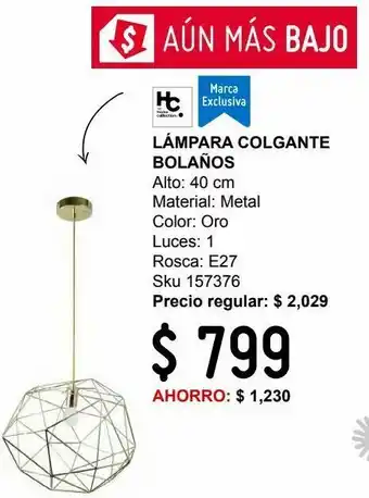 Sodimac Homecenter Lámpara colgante 40w bolaños oro 1luz e27 trend metal 40cm oferta