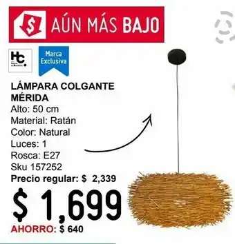 Sodimac Homecenter Lámpara colgante 40w merida natural 1luz e27 ratan 50cm oferta