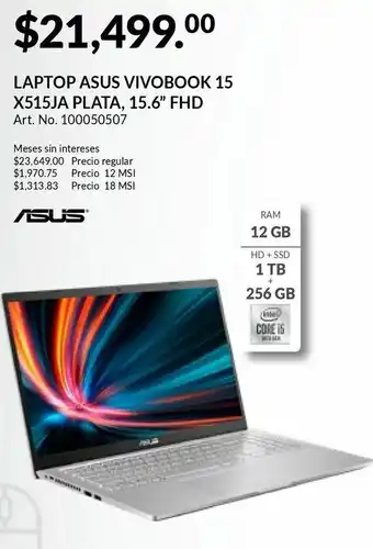 Laptop asus vivobook 15 x515ja / intel core i5 / 15.6 pulg. / 1tb / 256gb ssd / 12gb ram / plata