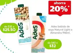 Farmacia San Pablo Ades bebida de soya Natural Light o Almendra 946ml. oferta
