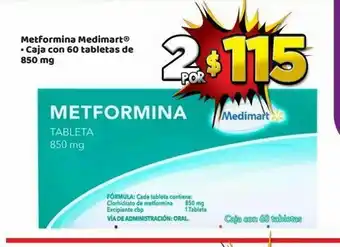 Bodega Aurrerá Metformina medimart® • caja con 60 tabletas de 850 mg oferta